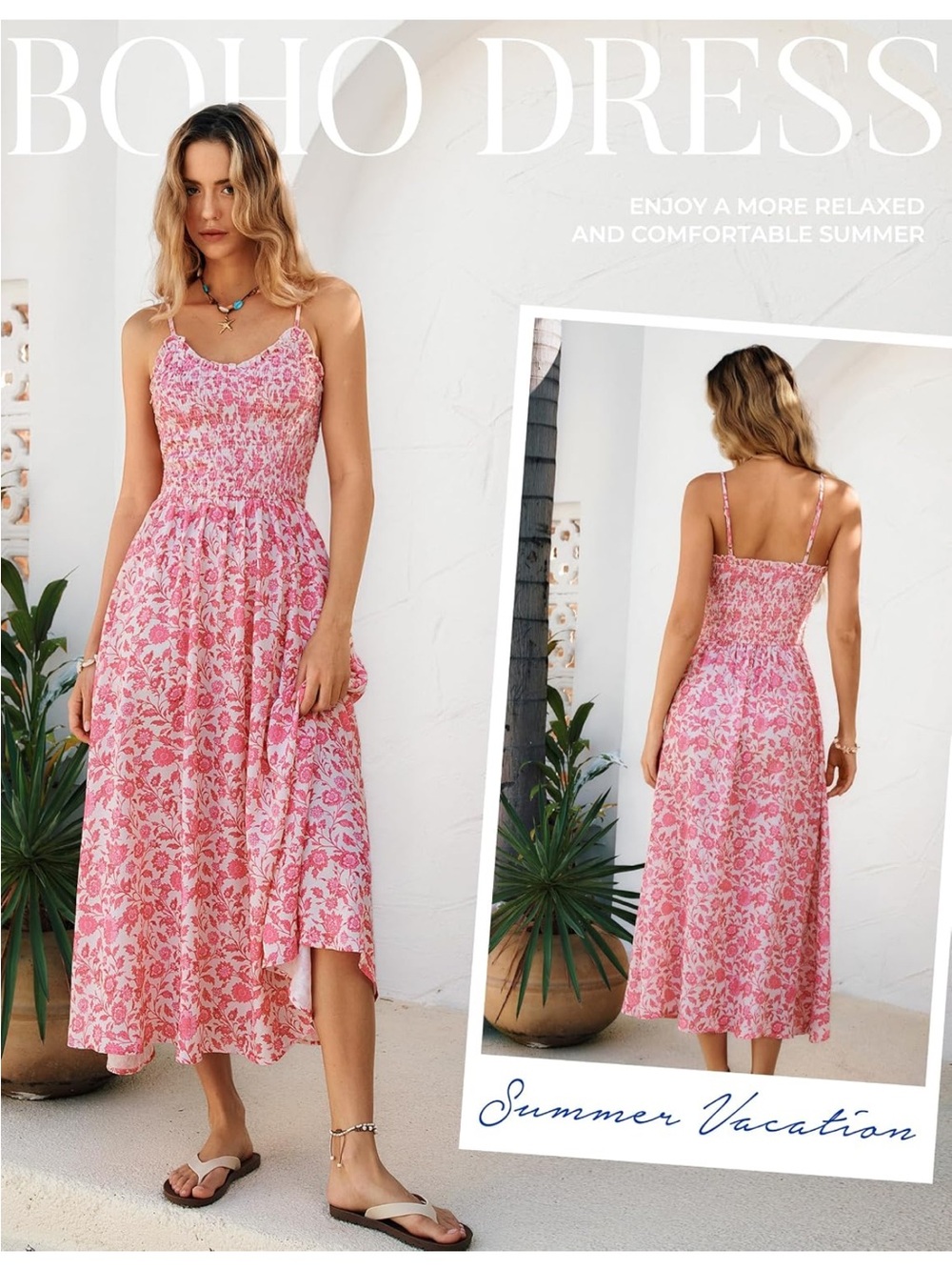 Kate Kasin Floral Boho Dress - Smocked Bodice